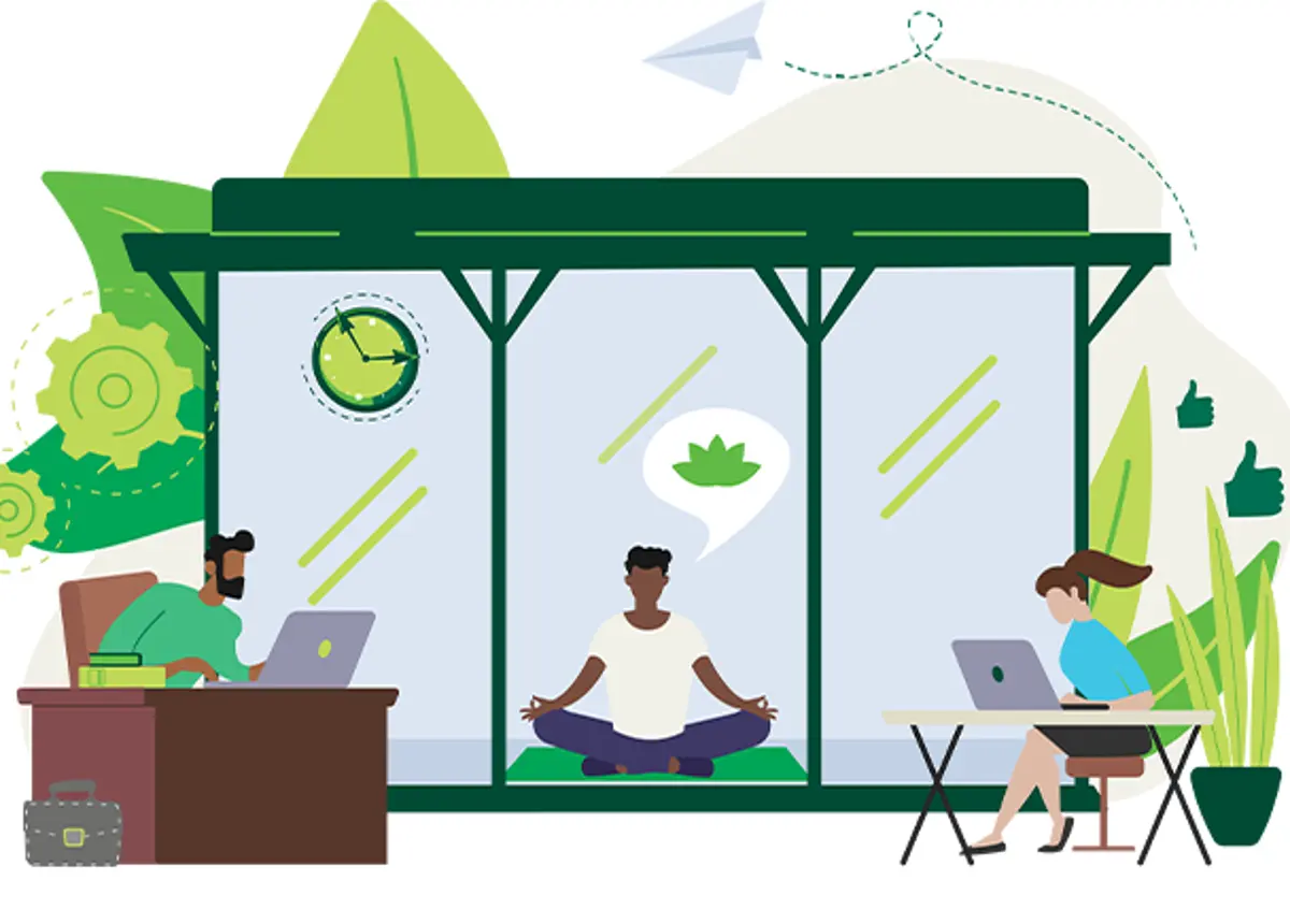 Illustration of a person performing yoga in the middle of a person in an office setting and a person in a work-from-home setting